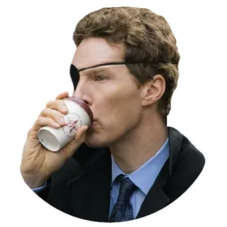 ☕️ 360a0a49 Benedict Cumberbatch, actor, parche en el ojo, café, bebiendo, celebridad telegram sticker