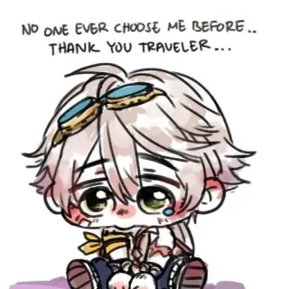 😣 b97cd29f Bennett Genshin Impact NO ONE EVER CHOOSE ME BEFORE.. THANK YOU TRAVELER... genshin impact, bennett, anime, videojuego, lindo, chibi whatsapp sticker