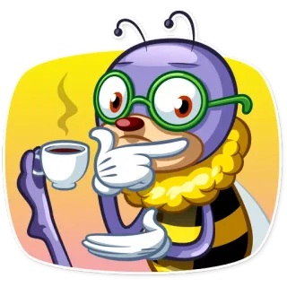 🤔 73ef9cd0 bij, koffie, cartoon, bril, denken, paars, geel telegram sticker