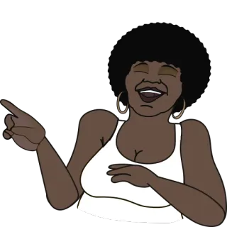 😂 a4d77a9a vrouw, lachen, wijzen, cartoon, afro, gouden oorringen, witte tanktop telegram sticker