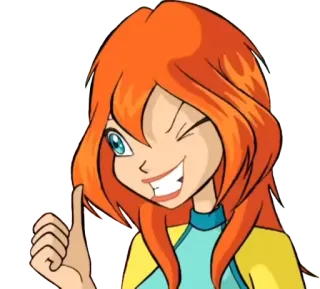 👍 b04321f8 Bloom Winx Club นางฟ้า, การ์ตูน, เวทมนตร์, ยกนิ้วให้, ขยิบตา telegram sticker