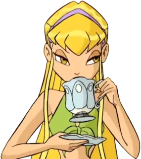😕 db443256 Stella Winx Club นางฟ้า, การ์ตูน, ผมบลอนด์, ชา, แก้ว, เวทมนตร์ telegram sticker