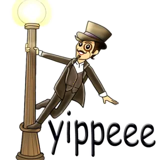 😏 8f5e05de Yippeee 즐거운, 축하, 만화, 쾌활한, 빈티지 스타일, 남자, 실크햇 telegram sticker