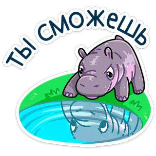 💪 b286f471 Ты сможешь 河马, 卡通, 动物, 水, 倒影, 鼓励, 动力 telegram sticker