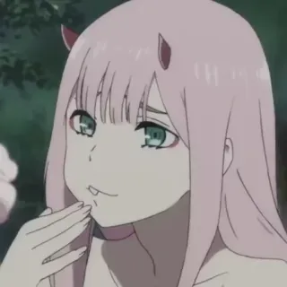 ✔ 3f098262 Zero Two Darling in the Franxx anime, Zero Two, Darling in the Franxx, rambut pink, tanduk, imut telegram sticker