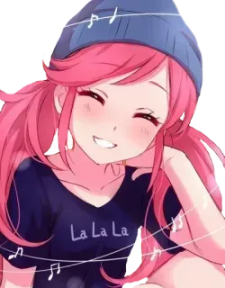 ✔ bb9650d1 La la la la gadis anime, rambut merah muda, kupluk, not musik, imut, kartun telegram sticker