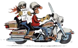 ☕ 45c7cedb PAREMOS A TOMAR UN CAFE мотоцикл, кофе, мультфильм, испанский telegram sticker