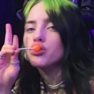 😌 85a270be Billie Eilish singer, celebrity, lollipop, green hair, pop star, musician telegram sticker