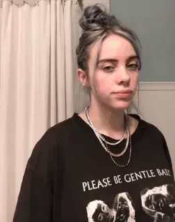 💚 78c3017a Billie Eilish PLEASE BE GENTLE BABY! Billie Eilish, chanteuse, célébrité, musique, pop culture, t-shirt noir telegram sticker