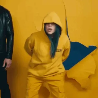 ✨ 1cf047fd Billie Eilish Billie Eilish, amarillo, sudadera con capucha, música, celebridad, cantante whatsapp sticker