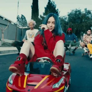 💧 2fdabcff Billie Eilish música, cantante, celebridad, Billie Eilish, rojo, calle, conduciendo whatsapp sticker