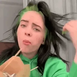 🇨🇨 aa89ab39 Billie Eilish Billie Eilish, cantante, comiendo, pelo verde, celebridad whatsapp sticker