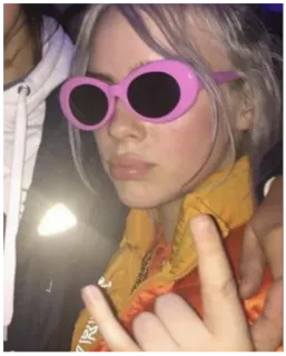 😎 da66797e Billie Eilish 빌리 아일리시, 가수, 음악가, 유명인, 분홍색 안경, 가운데 손가락 telegram sticker