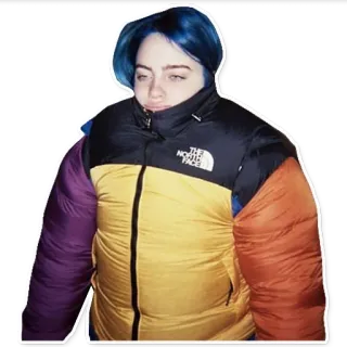 ☃️ 7a65d657 Billie Eilish 빌리 아일리시, 가수, 유명인, 여자, 사람, 파란 머리, 재킷 whatsapp sticker