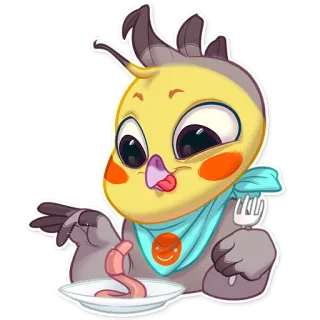 🍴 68f342e6 bird, cockatiel, cute, cartoon, eating, worm, fork telegram sticker