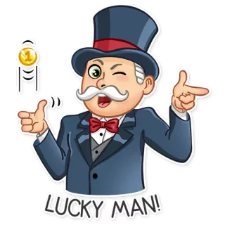 👍 544f76f2 LUCKY MAN! 幸運, 男, 漫画, お金, シルクハット, 蝶ネクタイ, モノクル telegram sticker