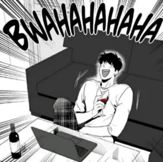 🤣 c79604e4 BWAHAHAHAHA riendo, hombre, vino, portátil, sofá, blanco y negro telegram sticker