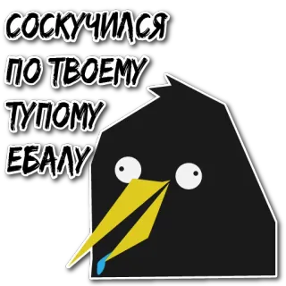 🤭 58e6618d СОСКУЧИЛСЯ ПО ТВОЕМУ ТУПОМУ ЕБ*ЛУ russe, argot, oiseau, dessin animé, offensant, insulte, jurons telegram sticker