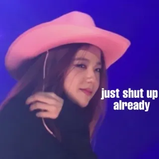 😡 35ea7428 just shut up already diam, meme, topi koboi, perempuan, merah muda, ekspresi, humor telegram sticker