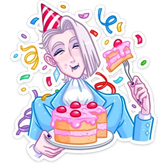🥳 42b7c29b 誕生日, ケーキ, パーティー, お祝い, 紙吹雪, 漫画, お祝いの telegram sticker