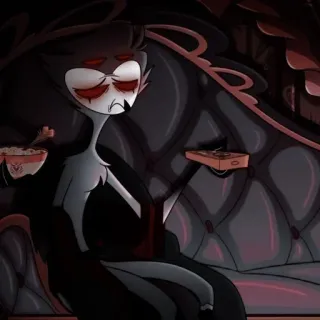 🦉 f656b5e4 Stolas Helluva Boss uil, verdrietig, anime, demon, tv kijken, cartoon whatsapp sticker