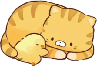 😄 c27d0ba6 cat, kitten, yellow, cute, animal, bird, chick, sleep, hug whatsapp sticker