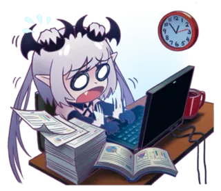 😵 30ed8fdc demon, biuro, laptop, zestresowany, papierkowa robota, praca, rogi, anime telegram sticker