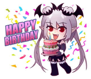 🎂 f5a61d17 HAPPY BIRTHDAY urodziny, świętowanie, ciasto, anime, chibi, demon, słodkie, impreza telegram sticker