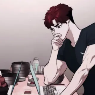 🍶 0a4c23db 动漫, 男人, 电脑, 思考, 严肃, 工作 telegram sticker