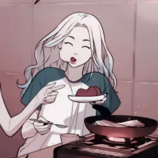 🍶 48a0c6ed 卡通, 女人, 烹饪, 食物, 餐, 厨房 telegram sticker