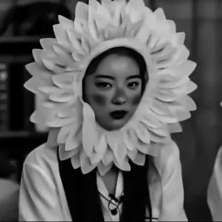 🦊 0dfc5fd3 vrouw, bloem, kostuum, portret, grijstinten, make-up, zwart-wit telegram sticker