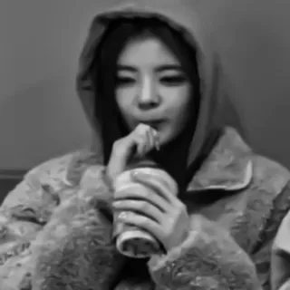 🦊 d6f8a4c7 vrouw, drinken, hoodie, portret, grijstinten telegram sticker