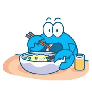 😋 e03411c5 kepiting, makan, mi, makanan, kartun, sumpit, mangkuk whatsapp sticker