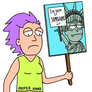 😩 3c389fb7 I'VE SEEN IT SOMEWHERE, PAPER HAND protest, vrijheidsbeeld, bord, cartoon, papieren hand, meme telegram sticker