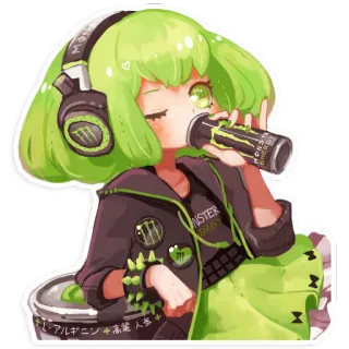 😉 778c72f8 トマト アニメガール, 緑髪, ヘッドホン, エナジードリンク, モンスターエナジー, かわいい whatsapp sticker