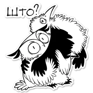 😶 c6961065 ШТО? Eule, Vogel, Frage, Cartoon, Schwarzweiß telegram sticker