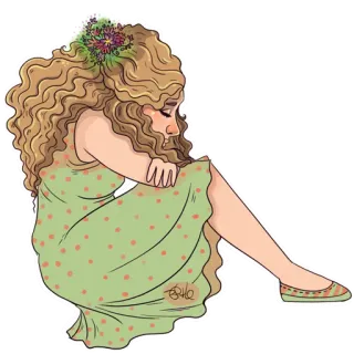 😭 686d75d1 女性, 女の子, ドレス, 花柄, 巻き髪, 座っている, ファッション, イラスト telegram sticker