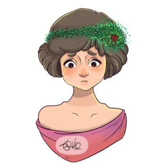 😔 7c0e5c6d ステッカー, 女性, 女の子, ポートレート, イラスト, 女性, 花輪, ブルネット telegram sticker