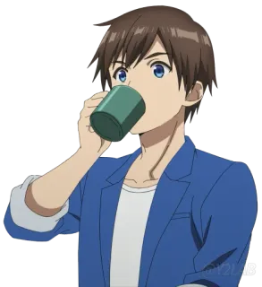 ☕ 0edc89ae อนิเมะ, ผู้ชาย, ดื่ม, เสื้อแจ็คเก็ตสีฟ้า, การ์ตูน telegram sticker