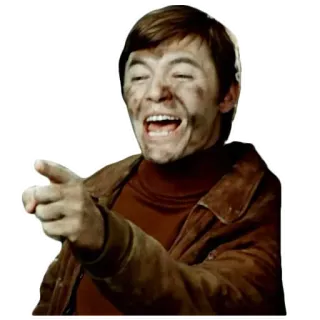 😂 67deb880 hombre, riendo, señalando, cara sucia, chaqueta marrón, estilo vintage telegram sticker