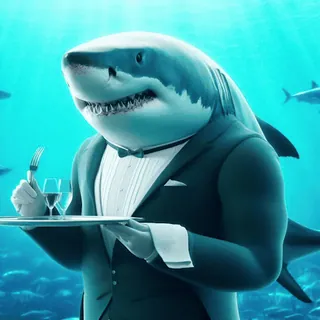 🦈 e7e3d5df shark, anthropomorphic, waiter, tuxedo, ocean, sea, fish, cartoon whatsapp sticker