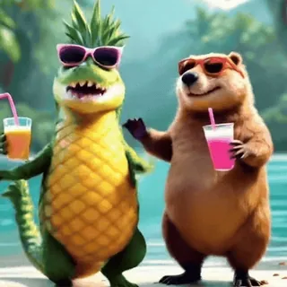 🥳 eca0e7e0 crocodile, bear, cartoon, drinks, pineapple, summer, fun, sunglasses whatsapp sticker