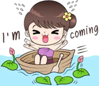 🚤 88940ab3 I'm coming dibujos animados, animado, barco, agua, flor, chica, emocionada whatsapp sticker