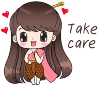 🙎 c5ccb390 Take Care cuídate, corazones, chica caricatura, saludo, personaje, kawaii, lindo whatsapp sticker