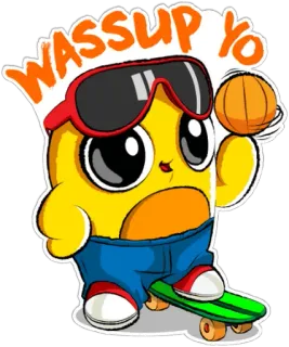 ✋ 1fc82bfa WASSUP YO การ์ตูน, สเก็ตบอร์ด, สีเหลือง, แว่นกันแดด, บาสเกตบอล, น่ารัก telegram sticker