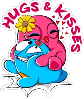 😙 9048e58f HUGS & KISSES Umarmungen, Küsse, Liebe, Cartoon, Süß, Rosa, Blau telegram sticker
