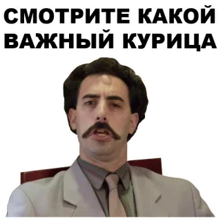 😠 253dabb9 Borat СМОТРИТЕ КАКОЙ ВАЖНЫЙ КУРИЦА borat, sacha baron cohen, comedy, movie, funny, russian, chicken telegram sticker