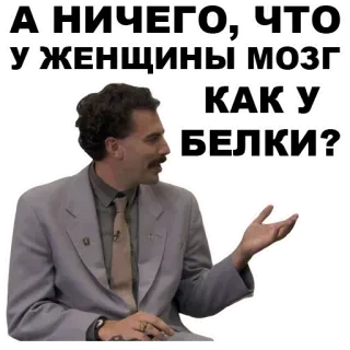 😐 4bfb0f4d Borat А НИЧЕГО; ЧТО У ЖЕНЩИНЫ МОЗГ КАК У БЕЛКИ? borat, kazajistán, sacha baron cohen, comedia whatsapp sticker