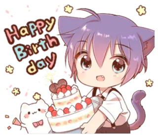 🎂 a76719aa Happy Birthday с днем рождения, праздник, торт, бенгальский огонь, кот, аниме, каваий, милый telegram sticker