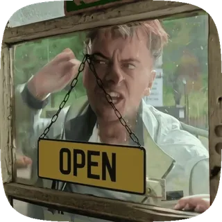 🥵 80228353 OPEN 営業中サイン, 男, 窓, 怒り, イライラ telegram sticker